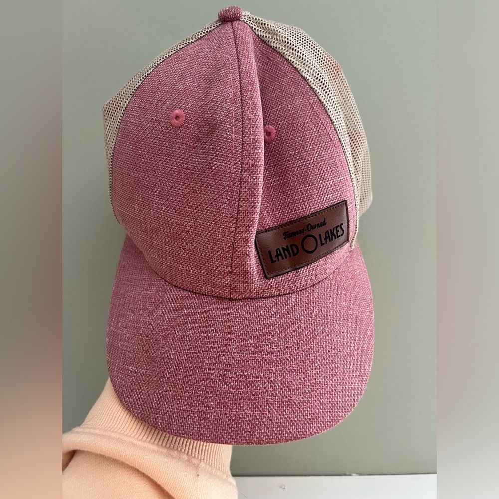 Land O Lakes Pink Mesh Brown Leather Patch Trucker SnapBack Hat
